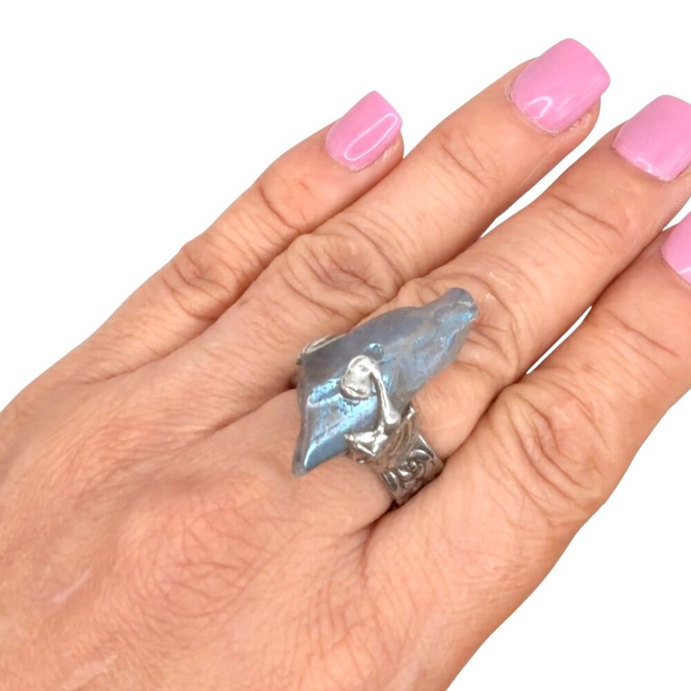 Blue Quartz Ring Size 9 - Vintage Spoon Handle with Brutalist Metalwork Upcycled